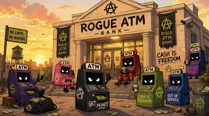 Illustration of a 'ROGUE ATM BANK' building at sunset, with multiple anthropomorphized ATM machines featuring angry faces, anarchy symbols, and slogans like 'CASH IS FREEDOM', 'NO LIMITS NO MASTERS', and 'OUT OF SERVICE'.
