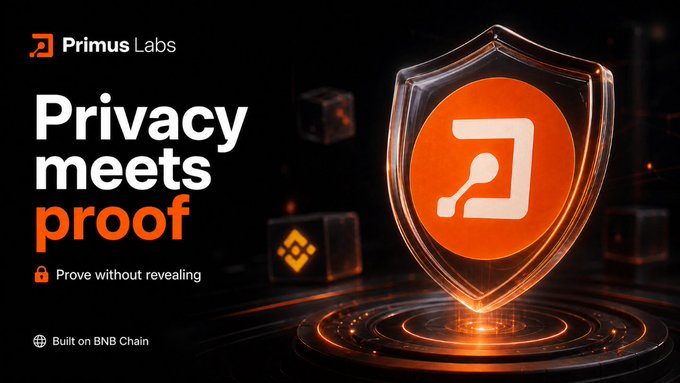 An advertisement for Primus Labs featuring a glowing orange shield with the text 'Privacy meets proof', 'Prove without revealing', and 'Built on BNB Chain'.