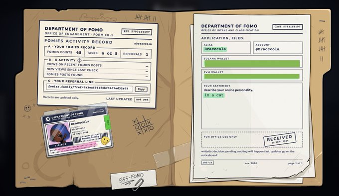 A digital interface styled like a 'Department of Fomo' file, showing a FOMIES ACTIVITY RECORD for an account named 'Drreccola' with Solana and SVM Wallet information.
