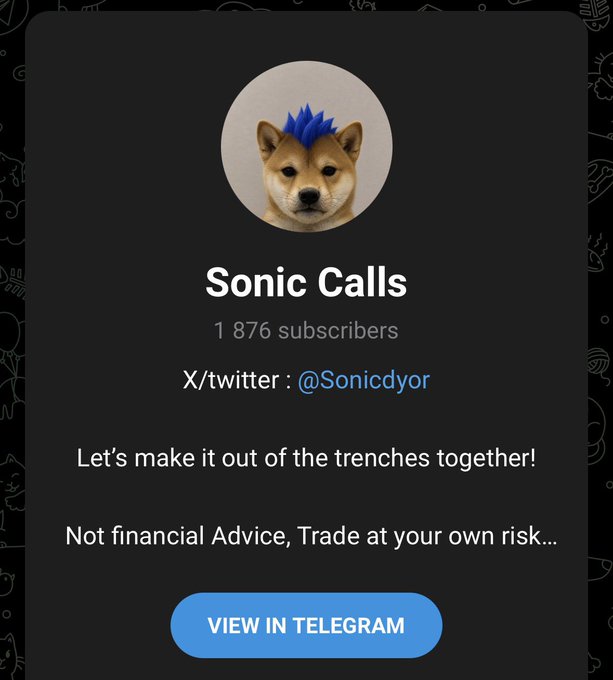 The image is a Telegram channel preview for "Sonic Calls," run by @Sonicdyor on X/twitter, featuring 1,876 subscribers and a Shiba Inu avatar styled with a blue Sonic-style mohawk. The post promotes the channel as a hub for curated crypto calls and even hints at giving away SOL to help followers trade, matching the caption's promise of sharing select "COOKS" and seeding others to join the trenches.