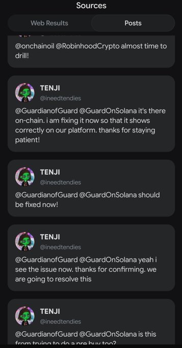 A screenshot of social media posts from TENJI (@ineedtendies) responding to @GuardianofGuard about fixing an issue with @GuardOnSolana "on-chain" and promising resolution, shown as supporting evidence for claims about the developer's history of launching multiple projects including @GuardOnSolana and $SYNTHS (@trysynths).