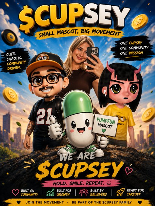 A promotional poster for '$CUPSEY' features cartoon characters, a woman taking a selfie, and a pill mascot, with text like 'SMALL MASCOT, BIG MOVEMENT' and 'HOLD. SMILE. REPEAT.'