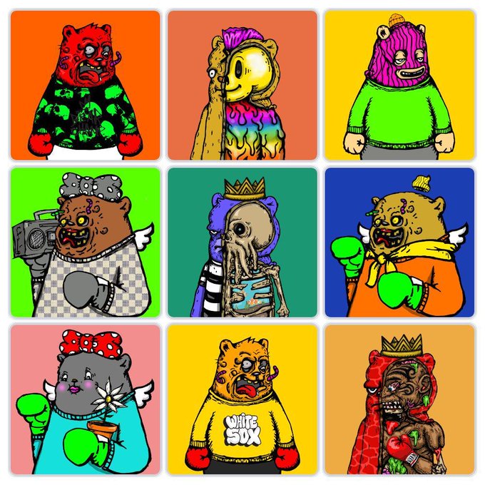 A 3x3 grid of colorful cartoon bear characters with various designs, including one in a green sweater, one with a boombox, one wearing a crown, and one in a 'White Sox' shirt.