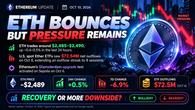 An Ethereum cryptocurrency market update graphic dated Oct 10, 2026, titled 'ETH BOUNCES BUT PRESSURE REMAINS', showing ETH trading at ~$2,489, a 24H change of +0.5%, 7D change of -6.9%, and ETF outflows of $72.5M.