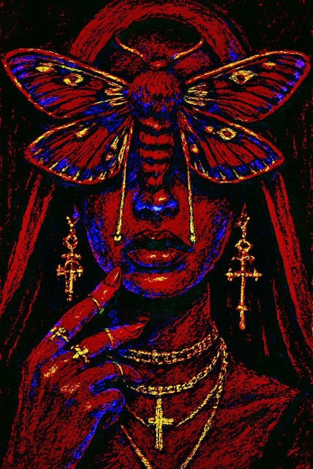 A dark, stylized portrait of a woman adorned with gold cross jewelry, featuring a large red and blue moth perched atop her head in place of eyes, rendered in vivid red and blue tones. The artwork, titled "Red Wings," is a 1/1 edition Tezos NFT collection of 30, embodying the caption's theme of regal mystique as the moth's wings serve as a crown-like reflection of majesty.