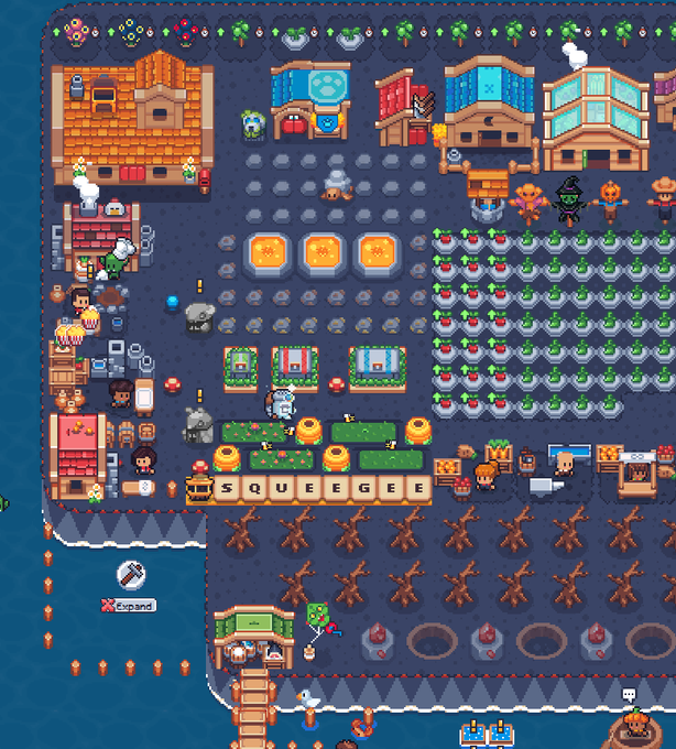A pixel-art game screenshot showing a detailed isometric settlement with buildings, farmland with crops, scarecrows, and various characters, featuring the text 'SQUEEGEE' in the middle and an 'Expand' icon near the bottom.