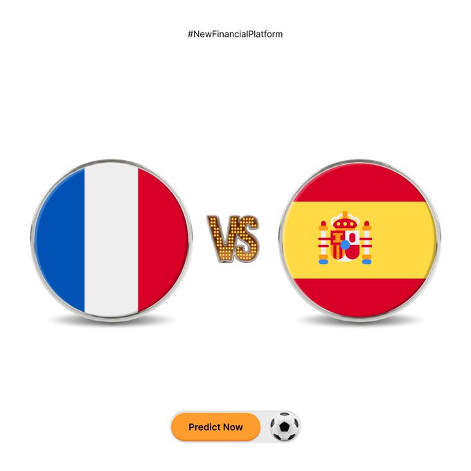 The image features circular badges of the French and Spanish national flags facing off with a "VS" graphic between them, accompanied by a "Predict Now" button and a soccer ball icon. This visual reinforces the accompanying post's promotion of a prediction market for the France vs. Spain semifinal match, inviting users to compete for $1,000,000 in MNT rewards via Bybit.