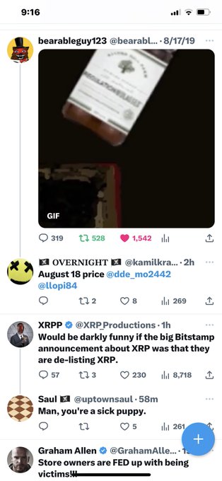 A mobile screenshot of X/Twitter feed from user @bearableguy123 showing a GIF of cigarette packaging, along with other crypto-related tweets including one from @XRProductions mentioning XRP and Bigstamp.
