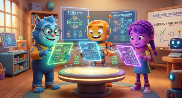 Three colorful cartoon characters—a blue cat in glasses, an orange robot, and a purple-haired girl—stand around a glowing table examining holographic documents labeled 'LEDGER SYNC', 'DATA CONSENSUS', and 'BLOCKCHAIN EDUCATION'.