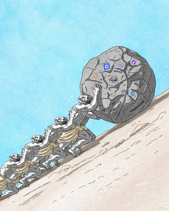 A line of cartoon trolls strain to push a massive boulder up a hill, which is covered with logos including "Solana," "Meta," and other tech icons (echoing the classic "This is Fine" meme). The image illustrates the difficult uphill climb behind making $TROLL a $10 billion meme, as referenced in the caption.