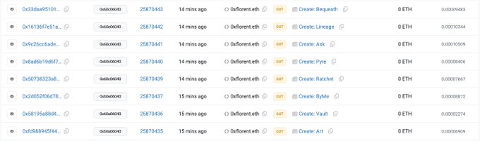 The image shows a blockchain transaction log displaying recent ETH transactions at 0.0000043-0.0001069 ETH each, with named actions like "Create Beuajsh," "Create Lineage," "Create Ask," "Create Pyre," "Create Rachel," "Create Blake," "Create Vault," and "Create Arlt," which appear to be part of a collectibles/cultural experiment treating the blockchain as an artistic event rather than a commercial marketplace.