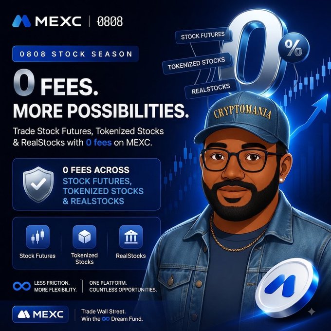A MEXC promotional graphic for the "0808 Stock Season" campaign featuring a stylized illustrated man wearing a "CRYPTOMANIA" cap, advertising "0 FEES. MORE POSSIBILITIES." across Stock Futures, Tokenized Stocks, and RealStocks, with text highlighting "0 FEES ACROSS STOCK FUTURES, TOKENIZED STOCKS & REALSTOCKS" and the tagline "Trade Wall Street. Win the ∞ Dream Fund." The image visually reinforces the post's message about removing friction in trading by showcasing MEXC's zero-fee offering across multiple stock trading products.