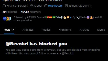 A Twitter/X profile page for @Revolut (454.8K Followers, Joined July 2014) displays a prominent message stating "@Revolut has blocked you," preventing engagement with the financial services company. The image illustrates the caption's joke about being blocked by Revolut for mentioning competitor @cryptocom in the same post.