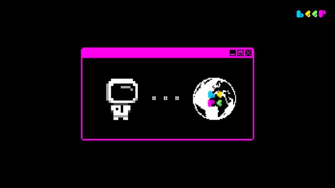 A pixel art animation frame on a black background shows a white character icon, an ellipsis, and a globe icon inside a pink-bordered window with the 'LOOP' logo in the corner.