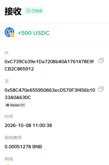 A cryptocurrency transaction receipt shows a completed transfer of '+500 USDC' from one wallet to another, with a network fee of '0.00051278 BNB' dated '2026-10-08 11:00:38'.