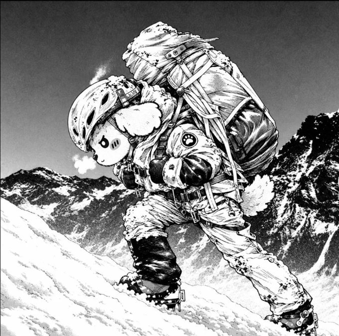 A black-and-white manga illustration depicts an anthropomorphic animal character in heavy mountaineering gear, including a helmet, large backpack, and crampons, trekking through a snowy mountain landscape.