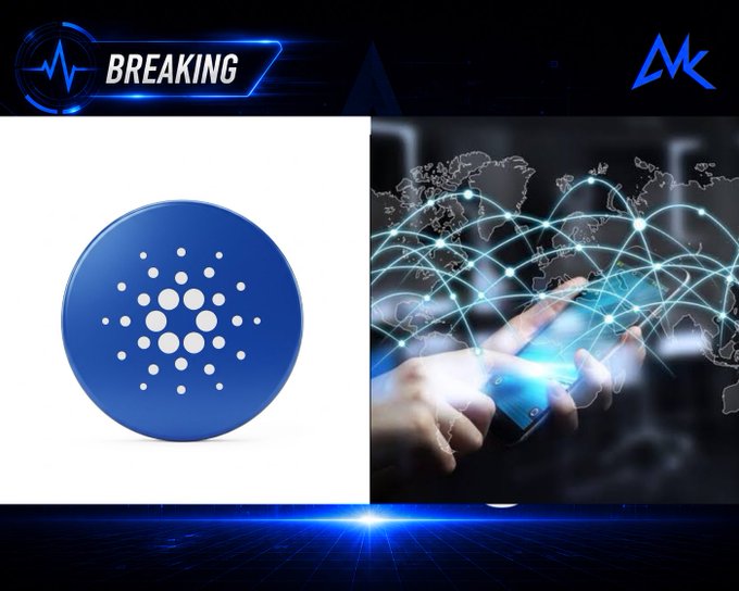 The image displays a "BREAKING" news banner featuring the Cardano (ADA) logo on the left alongside a visualization of a hand interacting with a glowing global digital network on the right, illustrating Cardano's new native integration with the x402 payment protocol for AI and internet-based transactions.