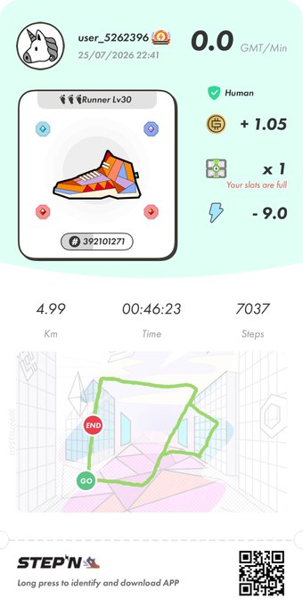 A STEPN app screenshot showing a 'Runner Lv30' sneaker NFT, GMT/Min stats, a 4.99 Km walk route, and stats for Time (00:46:23) and Steps (7037).