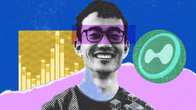 A colorful retro-style graphic illustration of a smiling young man wearing glasses, set against a blue background with pink cloud shapes, a yellow striped rectangle, and a green circular emblem.