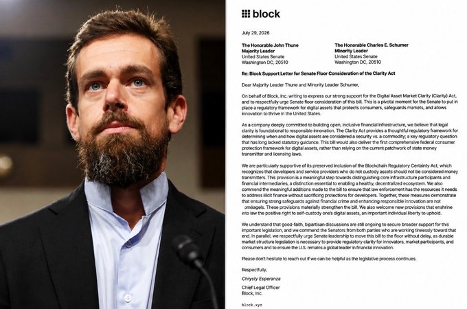 The image shows a side-by-side of Jack Dorsey, CEO of Block, alongside a letter dated July 29, 2025, from Block's Chief Legal Officer, Christy Esperanza, addressed to Senate Minority Leaders John Thune and Charles Schumer. The letter, which is the focus of the accompanying post, urges support for the Digital Asset Market Clarity (CLARITY) Act, advocating for clear federal regulations to foster innovation and safeguard consumers in the digital asset space.