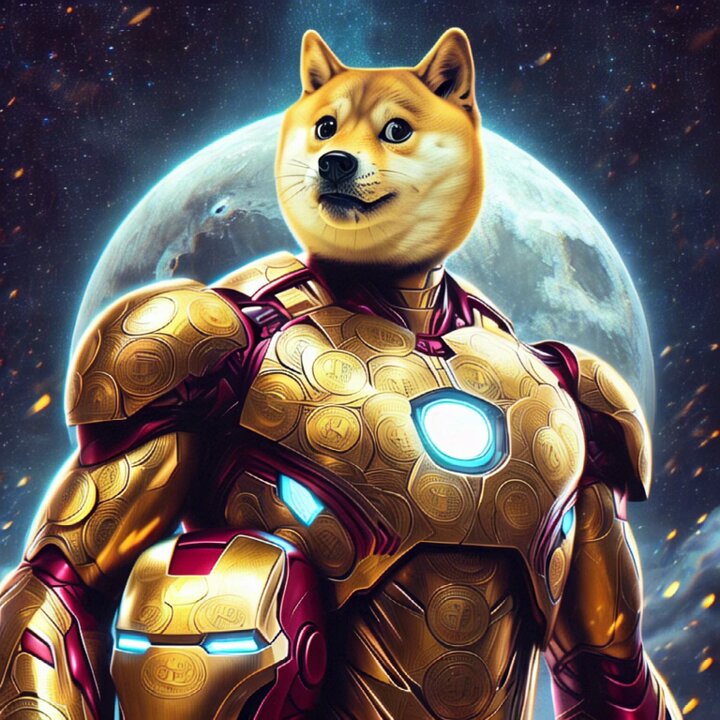 The image features a gold-colored dog wearing a suit of armor, giving it the appearance of a superhero. The dog's face is painted white, making it look like a doge. The background of the image shows a large planet with stars, creating an otherworldly atmosphere. In the bottom right corner of the image, there is a post that reads "I'm running a visibility test with my account on public - please let me know if you see this Reply with your favorite Dogecoin picture or GIF". The dog's suit of armor and white face make it look like a superhero, while the planet and stars in the background create an otherworldly setting.