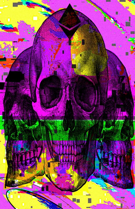 The same vibrant, glitch-art image as the first, showing a skull with a purple hood amidst digital distortion in yellow and pink.