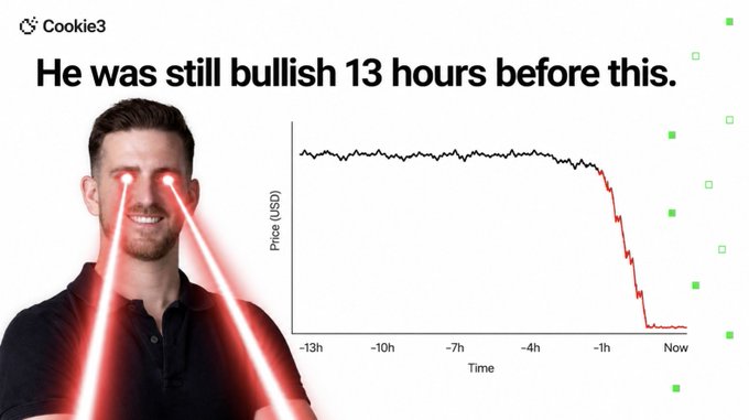 The image features a meme-style graphic with laser-eyed CEO John Mullins of MANTRA alongside a chart showing $OM's price holding steady from -13h to -1h before plummeting sharply to "Now," illustrating how he remained bullish just 13 hours before the token crashed 99.9% from its peak market cap.