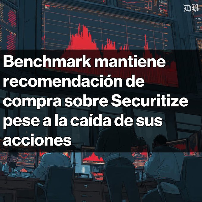 An anime-style illustration of traders at a stock exchange terminal with red graphs, overlaid with Spanish text reading 'Benchmark mantiene recomendación de compra sobre Securitize pese a la caída de sus acciones.'