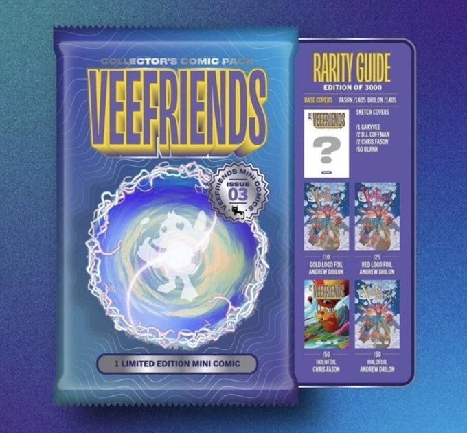 Promotional image for 'VEEFRIENDS' Collector's Comic Pack Issue 03, showing a holographic foil pack and a rarity guide for an edition of 3000 featuring artwork by Fason, Drilvn, Garvey, Coffman, and Chris Fason.