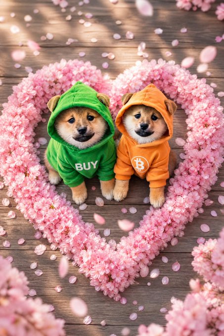 Two Shiba Inu puppies sit side by side within a heart shape made of pink cherry blossoms; one wears a green hoodie labeled 'BUY' and the other wears an orange hoodie with a 'B' Bitcoin logo.
