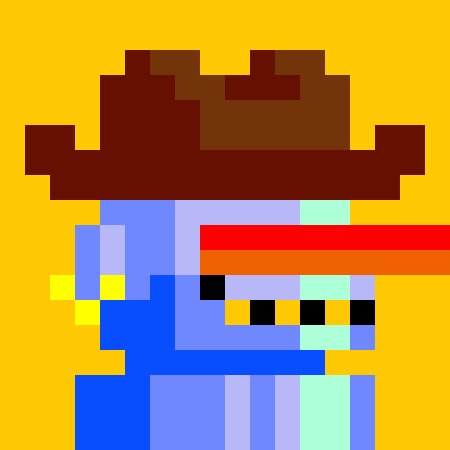 Pixel art of a blue creature wearing a brown cowboy hat and a red/orange visor or mask against a yellow background.