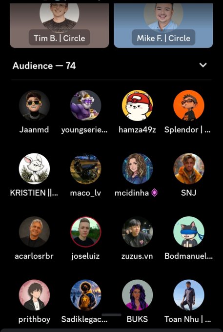 A mobile app screen showing a live audio room titled 'Audience — 74' hosted by Tim B. and Mike F. from Circle, displaying a grid of audience member avatars including Jaanmd, hamza49z, SNJ, and others.