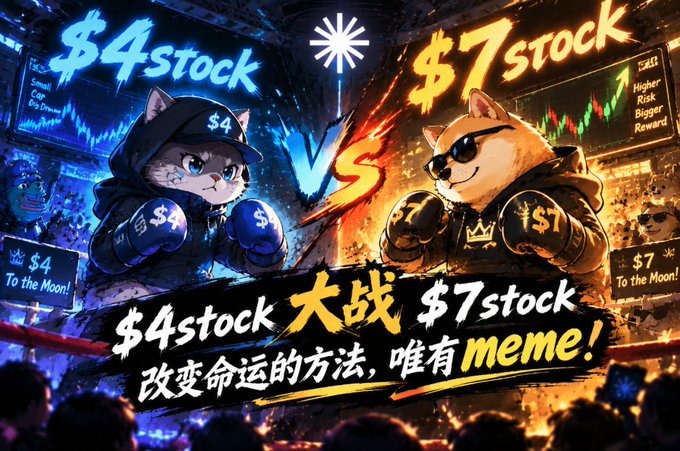 A meme image depicting a boxing match between '$4 stock' and '$7 stock' cat characters, with Chinese text reading '$4 stock 大战 $7 stock 改变命运的方法，唯有 meme!'.
