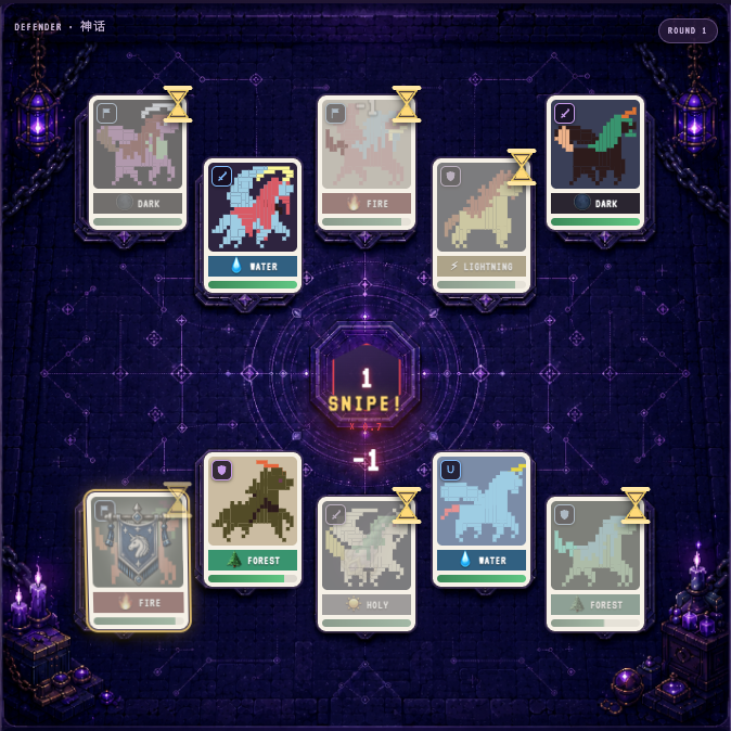 A pixel-art style game interface titled 'DEFENDER · 神话' showing Round 1 with cards featuring various elemental creatures (Dark, Water, Fire, Lightning, Forest, Holy) and a '1 SNIPE! -1' status.