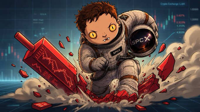 A cartoon boy dressed as an astronaut wearing a helmet with a computer screen attached to it appears to be running through a virtual market shaking with financial instability, symbolized by Bitcoin losing its value and spcx falling. The scene takes place against a blue background that shows the stock market's fluctuating numbers in black and white.