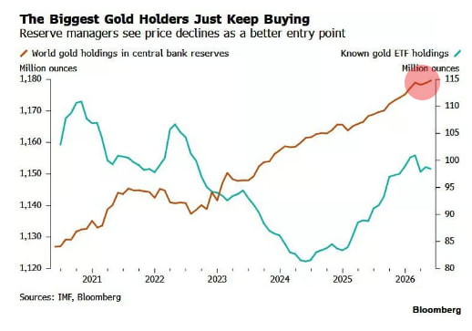 A Bloomberg chart titled "The Biggest Gold Holders Just Keep Buying" shows that central bank gold reserves have climbed to record highs of approximately 1,180 million ounces by 2026, even as known gold ETF holdings (around 115 million ounces) have remained relatively flat, illustrating reserve managers' continued accumulation of gold amid price dips.