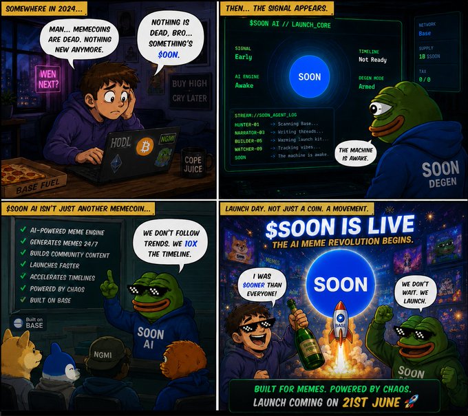 The image features four panels, each depicting a different meme or cartoon character related to the concept of $SOON making it a made-for-motion movement. The first panel shows a man with a laptop, while the second panel depicts another man wearing sunglasses holding a beer and pointing at something on his phone. The third panel features a man in a blue hoodie with a camera around his neck, and the fourth panel shows a man in a green hoodie holding a microphone. These characters are all related to the concept of $SOON making it a made-for-motion movement.