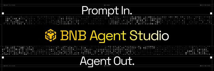 Black banner for 'BNB Agent Studio' displaying 'Prompt In.' at the top and 'Agent Out.' at the bottom with code-like patterns in between.