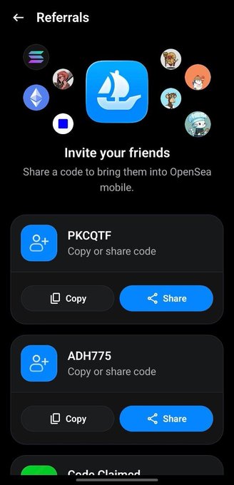 A mobile app screenshot of an OpenSea referrals page, showing the 'Invite your friends' section with share codes 'PKCQTF' and 'ADH775' and their respective copy/share buttons.