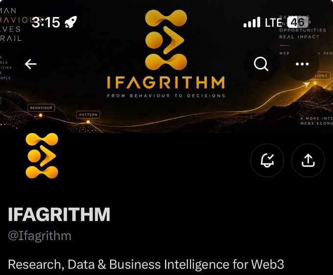 A screenshot of a mobile app or website for 'IFAGRITHM' (@Ifagrithm), described as 'Research, Data & Business Intelligence for Web3', with the tagline 'FROM BEHAVIOUR TO DECISIONS'.