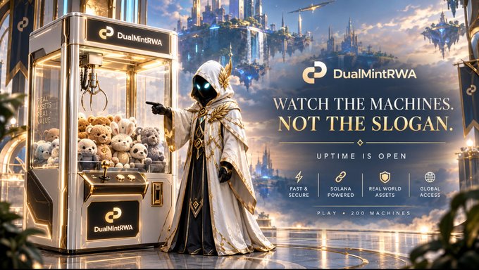 A fantasy-themed advertisement for 'DualMintRWA' featuring a hooded, masked figure pointing at a golden claw machine filled with teddy bears, with text reading 'WATCH THE MACHINES. NOT THE SLOGAN.' and 'UPTIME IS OPEN' against a castle backdrop.