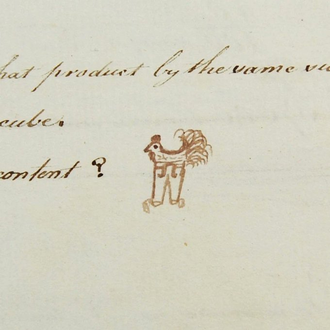 A handwritten 18th-century document page features brown cursive text reading fragments including "that product by the same" and "content?" alongside a charming ink drawing of a rooster wearing trousers, matching the "Chicken in trousers" caption from the post about Richard Carr's 1783 commonplace book.