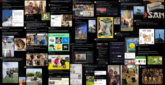 A collage of tweets and photos highlights the community moments and milestones of the $SAN token, featuring fan gatherings with San Chan the Shiba Inu in Japan, Doge Day 2025, a Pumpfun community grant, and live coverage by @blknoiz06, illustrating the viral growth and grassroots support behind the project.