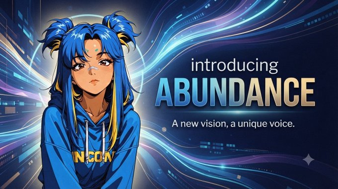 A vibrant anime-style graphic featuring a blue-haired character alongside the text "introducing ABUNDANCE — A new vision, a unique voice," promoting a Web3-focused shoutout for subscriber @nifercheks.