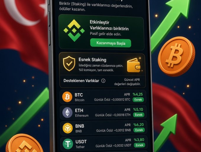 A screenshot of a cryptocurrency staking app in Turkish, showing options for BTC (%4.25), ETH (%5.10), BNB (%6.20), and USDT (%3.80), surrounded by illustrations of a Bitcoin coin, green upward arrows, and a Turkish flag.