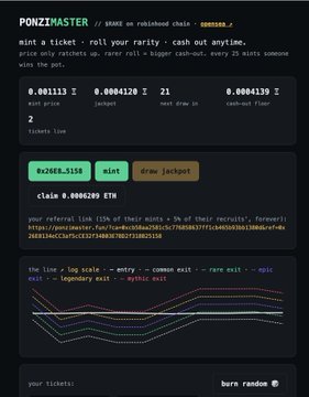 A screenshot of the PONZIMASTER website displaying a price of 0.001113 ETH, ticket line of 2, cash-out prize of 0.0064128 ETH, and a "burn jackpot" of 0x268b...3153, highlighting its features like the rarity ratchet, gacha cash-out, and burn mechanics described in the post.