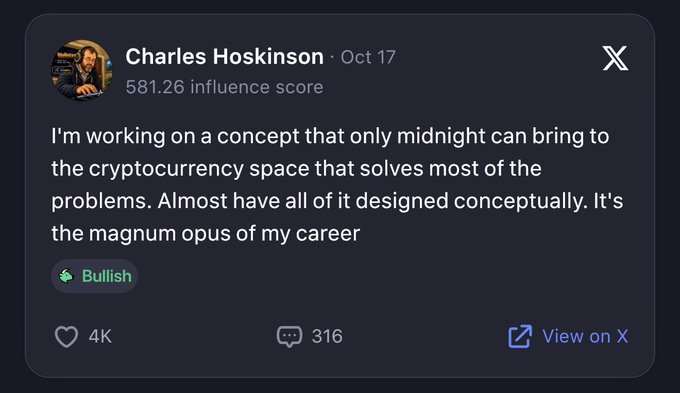 A screenshot of an X (formerly Twitter) post by Charles Hoskinson dated Oct 17, stating he's working on a concept for the cryptocurrency space, calling it "the magnum opus of my career," tagged as Bullish.