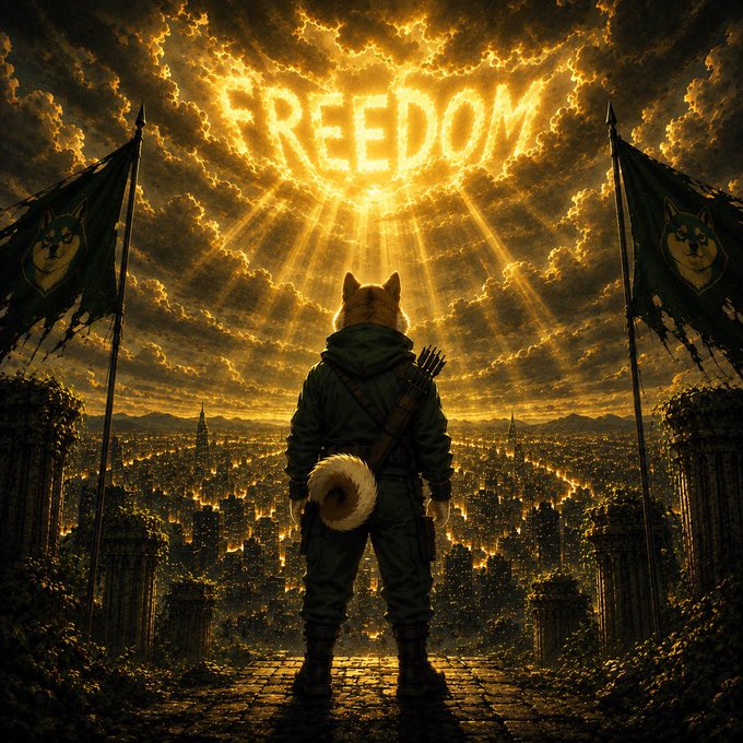 An anthropomorphic Shiba Inu warrior stands triumphantly before a glowing cityscape as the word "FREEDOM" blazes in the sky above, flanked by banners bearing the iconic doge emblem—visually reinforcing the post's rallying cry that true wealth in crypto comes from patient holding, not high-frequency meme trading.
