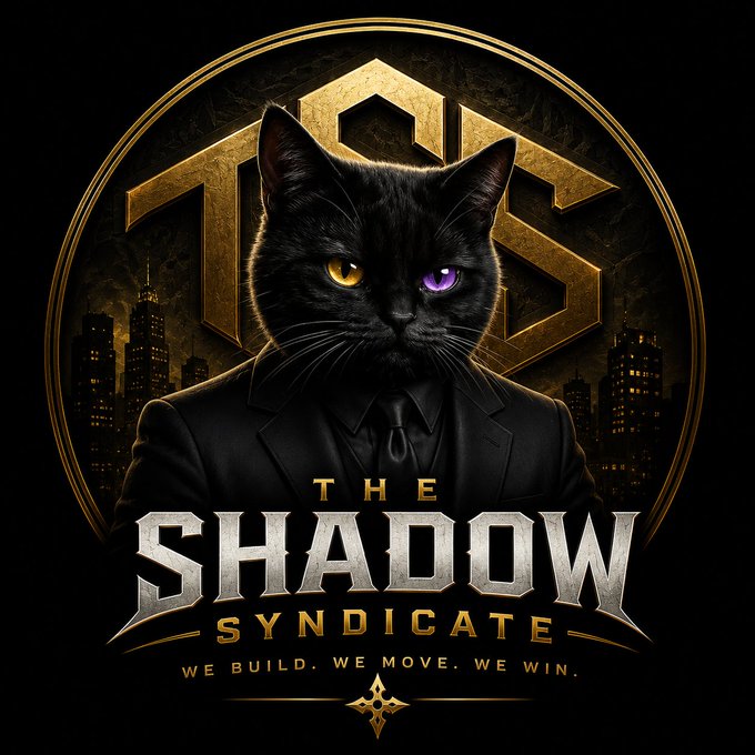The image is a dramatic logo featuring a black cat in a sleek suit with mismatched yellow and purple eyes, set against a dark city skyline backdrop with a gold geometric emblem above, displaying the text "THE SHADOW SYNDICATE — WE BUILD. WE MOVE. WE WIN." The bold, mysterious branding perfectly matches the post's announcement of launching their official Telegram community, evoking an exclusive, elite syndicate vibe for early adopters joining the journey.