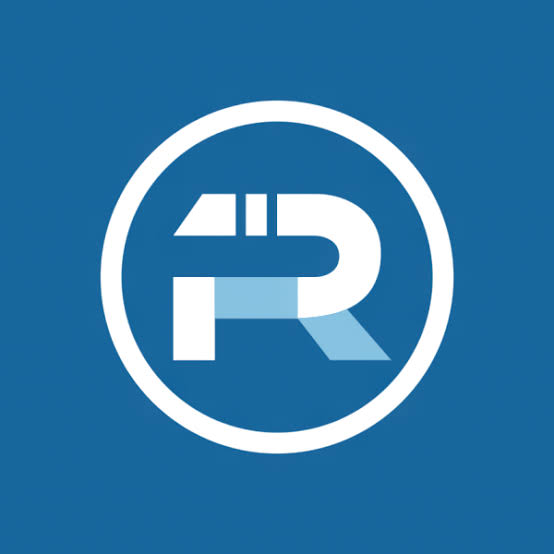 A simple logo design featuring a white circular border containing stylized 'R' letters in white and light blue on a solid teal-blue background.